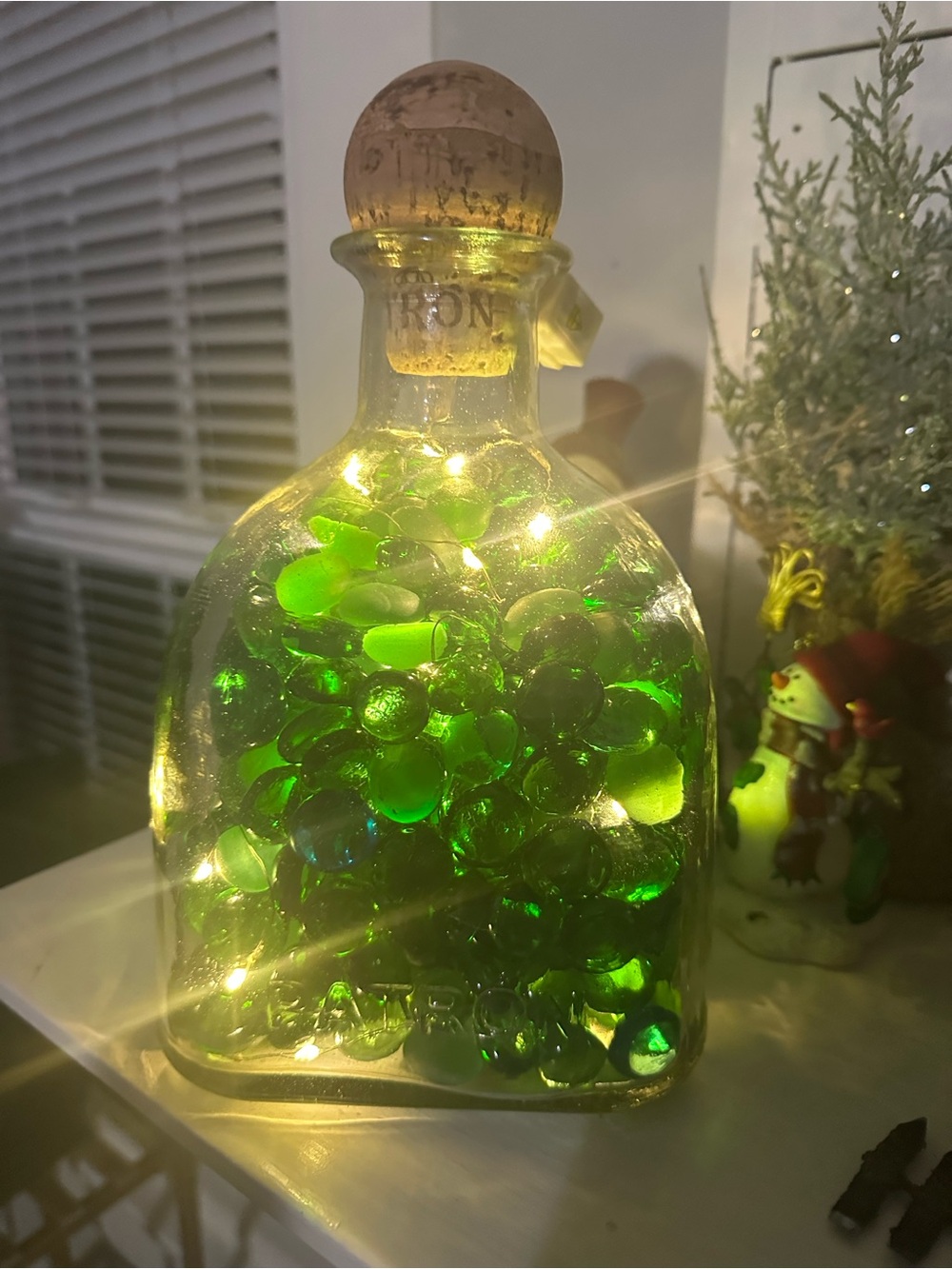 Upcycled Patrón Tequila Bottle Lamp – Green Glass Gems & LED Fairy Lights